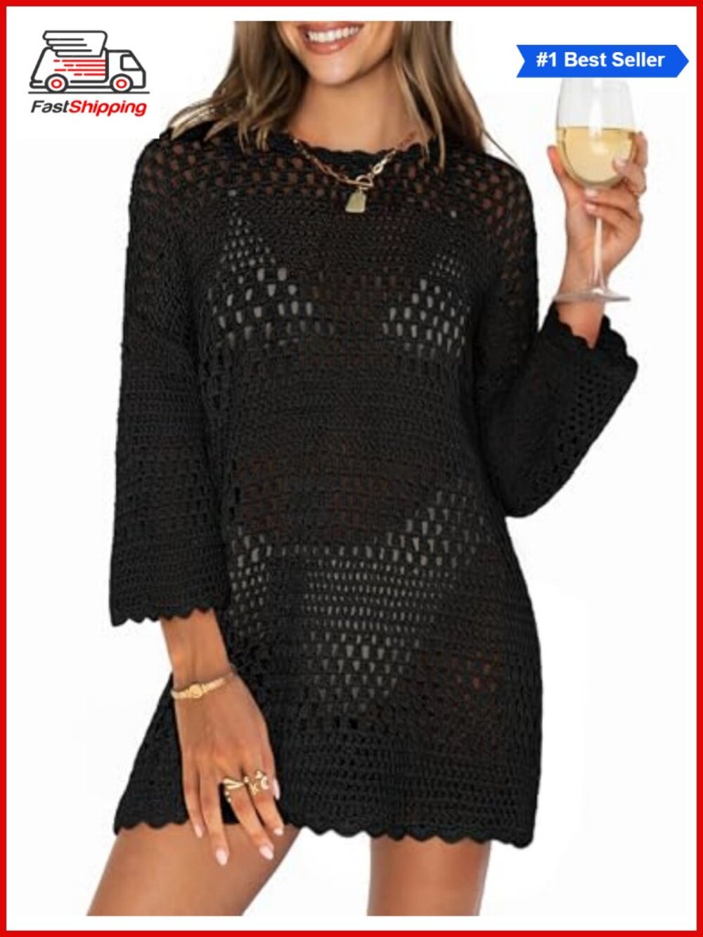 ✨ANRABESS Crochet Knit Mini Dress Swim Cover-Up 3/4 Sleeve Loose Fit